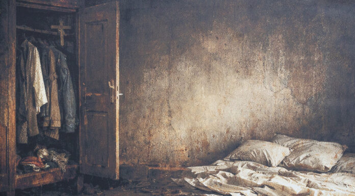 Quando un luogo conserva la memoria Dipinto a olio di Karam Sebastiano Cannarella intitolato Dove qualcuno è stato, raffigurante un interno domestico deserto con letto sfatto e tracce di presenza umana.