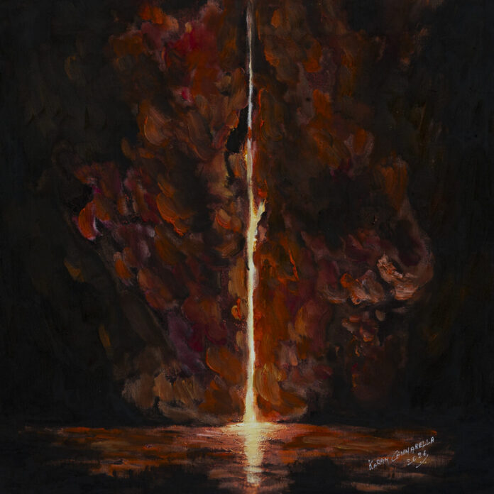 Dipinto a olio di Karam Sebastiano Cannarella intitolato La luce non si arrende, con taglio di luce radente su parete e interno domestico vuoto.