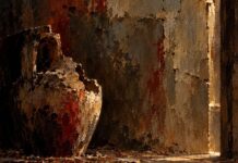Quando un oggetto racconta una storia Dipinto a olio di Karam Sebastiano Cannarella raffigurante un'antica giara di terracotta sbeccata accanto a uno spiraglio di luce su parete corros