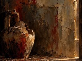 Quando un oggetto racconta una storia Dipinto a olio di Karam Sebastiano Cannarella raffigurante un'antica giara di terracotta sbeccata accanto a uno spiraglio di luce su parete corros