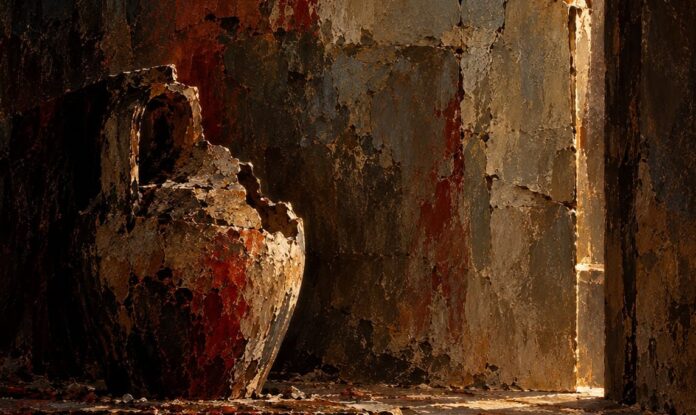 Dipinto a olio di Karam Sebastiano Cannarella raffigurante un'antica giara di terracotta sbeccata accanto a uno spiraglio di luce su parete corros