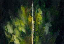 Prima di dipingere bisogna vedere Fenditura verticale di luce che attraversa una massa verde e scura, dipinto a olio di Karam Cannarella.